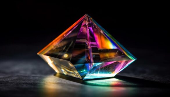 Pyramides Orgonites de cristal multicolore reflétant la lumière sur un fond sombre.