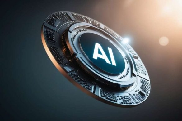Une pièce de monnaie technologique et futuriste gravée des lettres AI éclairée par une lumière dorée.