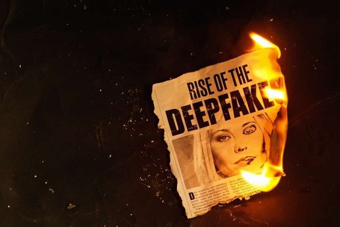 Un morceau de journal en train de brûler affiche le titre en anglais Rise of the deepfakes.