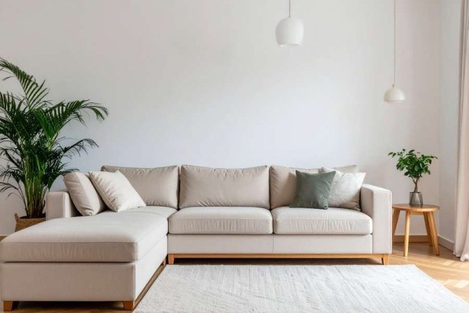 Un canapé d'angle beige dans un salon lumineux, posé devant un grand tapis tissé gris clair, illustrant le choix du tapis idéal pour un style scandinave.